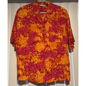 TotonKo WOMAN Hawaiian Flowers  Button Down Short‎ Sleeve Rayon  Shirt Blouse 12